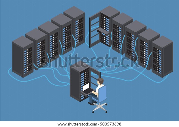 サーバーコンピュータルームでの等角投影ベクターイラスト診断テスト ルームでのサーバーテスト テクノロジー通信 データセンターのサーバルームでノートパソコンを使用する技術者 インフォグラフィックス のベクター画像素材 ロイヤリティフリー