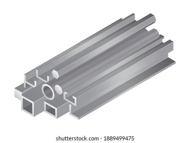 Isometric vector illustration different metal profile and tubes isolated on white background. Stack of steel beam tubes and pipes vector icon in flat cartoon style. Steel construction materials. - Shutterstock ID 1889499475