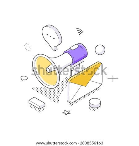 Isometric vector illustration of a digital promotion. A concept for a marketing announcement, an email newsletter campaign, and advertising communication through a megaphone or loudspeaker