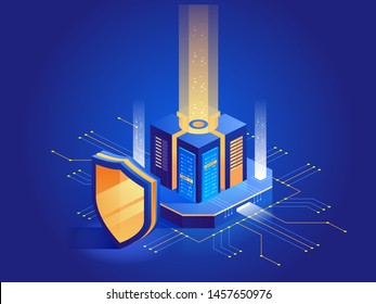 Isometric vector illustration of digital protection mechanism, system privacy. Data secure. Web crime or virus attack. Symbol of protection. Hacking concept. 