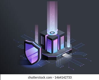 Isometrische Vektorgrafik des digitalen Schutzmechanismus, SystemPrivatsphäre. Datensicherheit. Internetkriminalität oder Virusattacken. Schutzsymbol. Hacking-Konzept. 