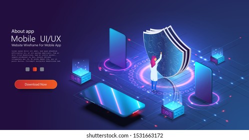 Isometric Vector Illustration Of Digital Protection Mechanism, Digital Device Privacy System. Malware Security Software. Hacker Attack And Unauthorized Access Protection. People Works With Server.