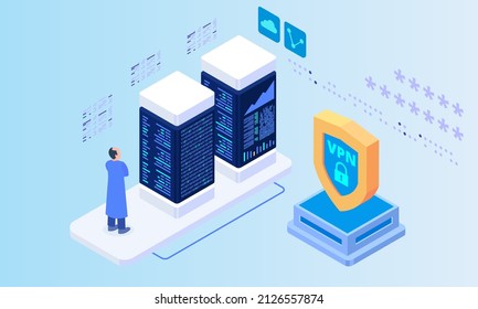 
Isometric vector illustration of digital protection mechanism, system privacy. Safe data. Web crimes or computer virus attacks. Protection symbol. Hacking concept. VPN system