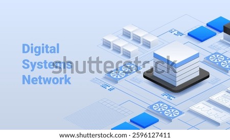 Isometric vector illustration of a Digital Systems Network. High-performance networking architecture with virtualized systems, automation and cybersecurity for efficient digital connectivity