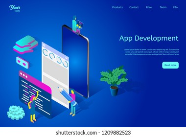 Isometric vector illustration displaying mobile app development process. Web page template suitable for web graphic design. Picture of developers' team working on mobile application. Easy to edit.