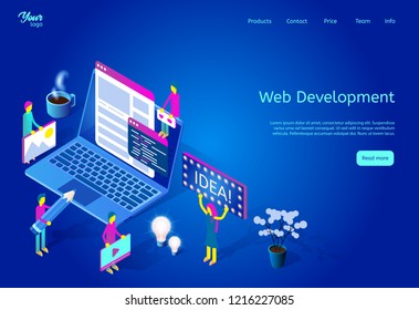 Isometric vector illustration displaying web development process. Web page template suitable for graphic design. Picture depicting a team of programmers working on the website for the Internet.