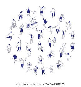 Ilustração vetorial isométrica de diversas pessoas celebrando, caminhando, jogando e relaxando. Estilo minimalista plano moderno para estilo de vida, lazer e projetos de conceito social.