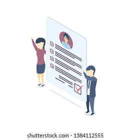 Isometric vector illustration.  Document with personal data, application for employment, professional resume. Isometric vector illustration. Business concept for employment, career choice, job seeker
