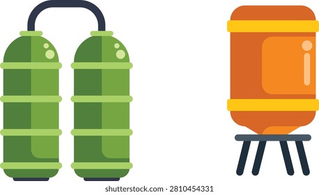 Isometric vector illustration of a double decker green bus with top deck open and orange car below in flat design style