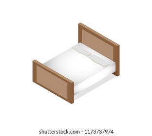 isometric vector illustration double mattress one king size brown bed with mattress and a high back, two pillows. White color of linens. vector illustration isolated