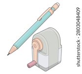Isometric vector illustration of drafting and technical drawing tools featuring a mechanical pencil and a manual crank pencil sharpener. Ideal for architecture, engineering, industrial design, technical illustration, sketching, office stationery, education, creative workflow, and precision drafting concepts.
