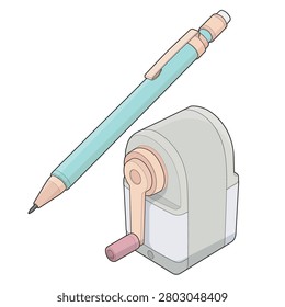 Isometric vector illustration of drafting and technical drawing tools featuring a mechanical pencil and a manual crank pencil sharpener. Ideal for architecture, engineering, industrial design, technical illustration, sketching, office stationery, education, creative workflow, and precision drafting concepts.