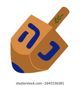 Isometric vector illustration of a dreidel, a traditional Hanukkah spinning top, with Hebrew letters and a sprig of olive branch on its handle, showcasing a unique design in brown and blue.