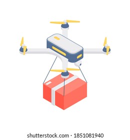 Icono vectorial isométrico drone con parcela en caja roja aislada en fondo blanco representando el concepto de entrega aérea robótica