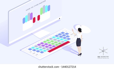 Isometric vector illustration. Educational material that shows how to type faster. Fast typing concept. Become a keyboard ninja.