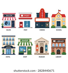 Isometric vector illustration of eight different public buildings including salon post office cinema school hotel shop museum and library