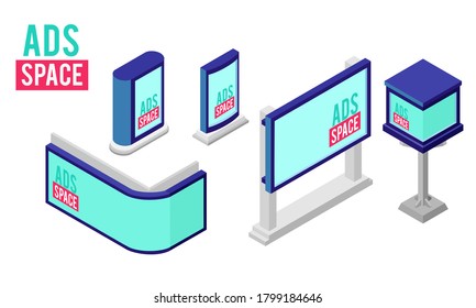 Isometric vector illustration of an electronic billboard space. Appropriate to illustrate the modern advertising equipment facility rental service. Isometric shape LED display panel for advertisement