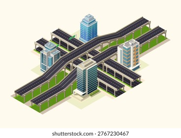 Isometric Vector Illustration of Elevated Highway Flyover with City Traffic