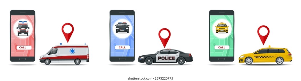 Isometric vector illustration of emergency and taxi services being called via mobile apps. It features an ambulance, police car, and taxi with location markers and call buttons