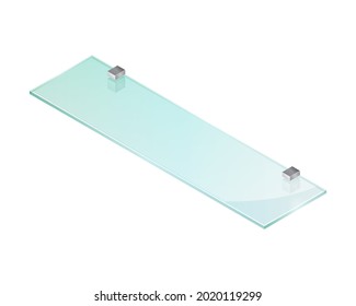 Isometric vector illustration empty glass shelf isolated on white background. Realistic transparent glass shelf icon in flat cartoon style. Modern rectangle bookshelf. Transparent panel for exhibit.