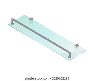 Isometric vector illustration empty glass shelf isolated on white background. Realistic transparent glass shelf icon in flat cartoon style. Modern rectangle bookshelf. Transparent panel for exhibit.
