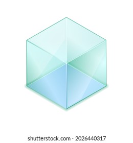 Isometric Vector Illustration Empty Glass Cube Isolated On White Background. Realistic Glass Display Box Icon. Modern Clear Glass Showcase. Transparent Acrylic, Plastic Or Plexiglass Box For Exhibit.