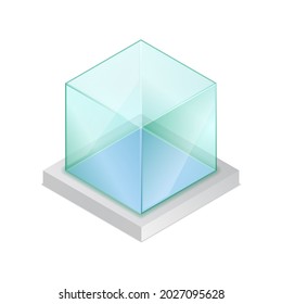 Isometric Vector Illustration Empty Glass Cube Isolated On White Background. Realistic Glass Display Box Icon. Modern Clear Glass Showcase. Transparent Acrylic, Plastic Or Plexiglass Box For Exhibit.
