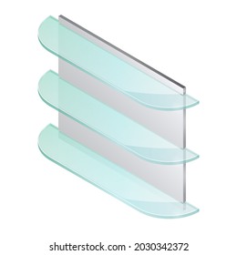 Isometric vector illustration empty glass shelf isolated on white background. Realistic transparent glass shelf icon in flat cartoon style. Modern bookshelf. Transparent panel for exhibit.