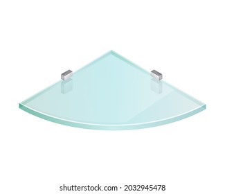 
Isometric vector illustration empty glass shelf isolated on white background. Realistic transparent glass shelf icon in flat cartoon style. Modern bookshelf. Transparent panel for exhibit.