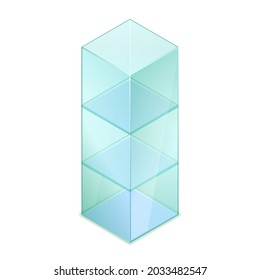 Isometric Vector Illustration Empty Glass Cube Isolated On White Background. Realistic Glass Display Box Icon. Modern Clear Glass Showcase. Transparent Acrylic, Plastic Or Plexiglass Box For Exhibit.