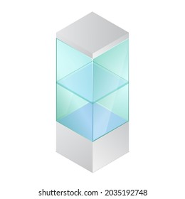 Isometric Vector Illustration Empty Glass Cube Isolated On White Background. Realistic Glass Display Box Icon. Modern Clear Glass Showcase. Transparent Acrylic, Plastic Or Plexiglass Box For Exhibit.
