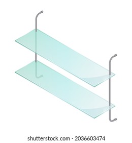 Isometric vector illustration empty glass shelf isolated on white background. Realistic transparent glass shelf icon in flat cartoon style. Modern bookshelf. Transparent panel for exhibit.