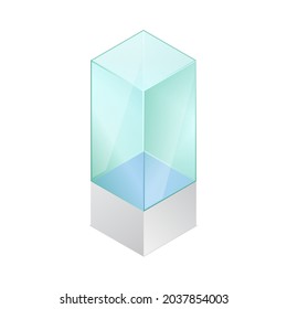 Isometric Vector Illustration Empty Glass Cube Isolated On White Background. Realistic Glass Display Box Icon. Modern Clear Glass Showcase. Transparent Acrylic, Plastic Or Plexiglass Box For Exhibit.