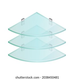 Isometric vector illustration empty glass shelf isolated on white background. Realistic transparent glass shelf icon in flat cartoon style. Modern bookshelf. Transparent panel for exhibit.