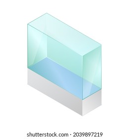 Isometric Vector Illustration Empty Glass Cube Isolated On White Background. Realistic Glass Display Box Icon. Modern Clear Glass Showcase. Transparent Acrylic, Plastic Or Plexiglass Box For Exhibit.