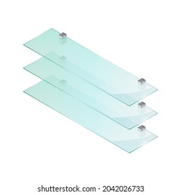 Isometric vector illustration empty glass shelf isolated on white background. Realistic transparent glass shelf icon in flat cartoon style. Modern bookshelf. Transparent panel for exhibit.