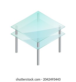 Isometric vector illustration empty glass table isolated on white background. Realistic transparent coffee table icon in flat cartoon style. Modern glass table with metal legs. Isometric furniture.