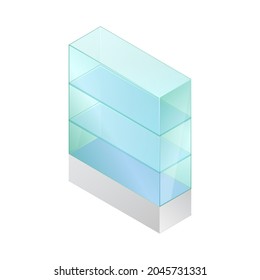 Isometric Vector Illustration Empty Glass Cube Isolated On White Background. Realistic Glass Display Box Icon. Modern Clear Glass Showcase. Transparent Acrylic, Plastic Or Plexiglass Box For Exhibit.
