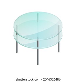 Isometric vector illustration empty glass table isolated on white background. Realistic transparent coffee table icon in flat cartoon style. Modern glass table with metal legs. Isometric furniture.