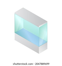 Isometric Vector Illustration Empty Glass Cube Isolated On White Background. Realistic Glass Display Box Icon. Modern Clear Glass Showcase. Transparent Acrylic, Plastic Or Plexiglass Box For Exhibit.
