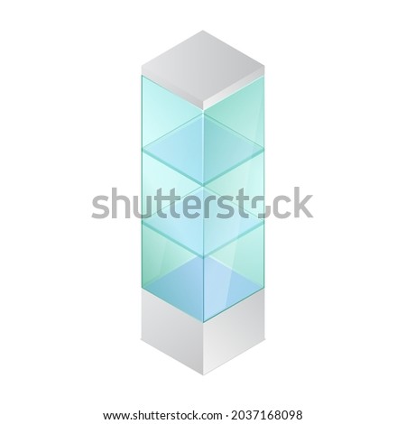 Isometric vector illustration empty glass cube isolated on white background. Realistic glass display box icon. Modern clear glass showcase. Transparent acrylic, plastic or plexiglass box for exhibit.