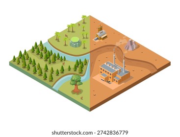 Isometric Vector Illustration of Environmental Impact: Green Nature Forest versus Industrial Pollution and Deforestation
