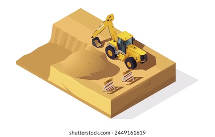 Ilustración vectorial isométrica de una excavadora en una obra de construcción, sobre un fondo blanco, que representa la maquinaria industrial en acción. Ilustración vectorial