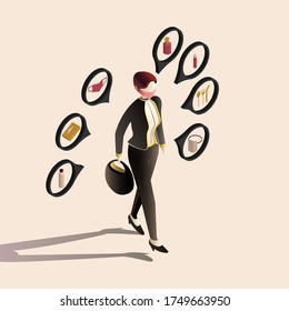 Isometric Vector Illustration Of Executive Woman Wearing Masker, Walking Alone, With New Normal Stuff In Her Bag. Such As Water Bottle, Tissue, Spare Masker, Soap, Face Mask, Hand Sanitizer, And Eatin