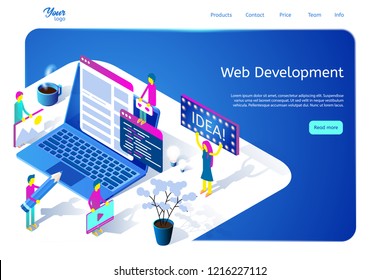 Isometric vector illustration exhibiting web development process. Web page template suitable for graphic design. Picture demonstrating team of programmers and developers working on website.