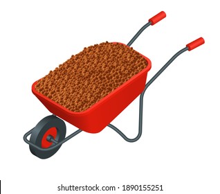 Isometric vector illustration expanded clay aggregate on wheelbarrow isolated on white background. Realistic wheelbarrow with expanded clay drainage vector icon in flat cartoon style.