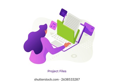 Isometric vector illustration of f woman working on a laptop with an open folder and documents, depicting project files and digital organization concept. 
