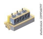 Isometric vector illustration of factory cooling tower. Big air conditioner for manufacture. Air temperature system with access ladder, door, fan, and motor.