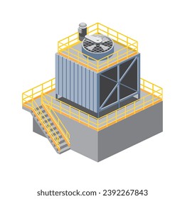 Isométrica ilustración vectorial de la torre de refrigeración de fábrica con tanque de tierra abajo. Forma de cubo de plataforma de trabajo con barandilla de seguridad y escalera.