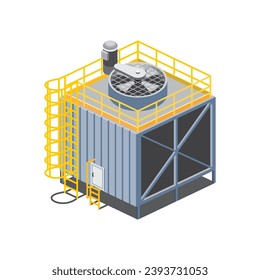 Isométrica ilustración vectorial de la torre de refrigeración de fábrica. Gran acondicionador de aire para la fabricación. Sistema de temperatura del aire individual y autónomo con escalera de acceso, puerta, ventilador y motor.